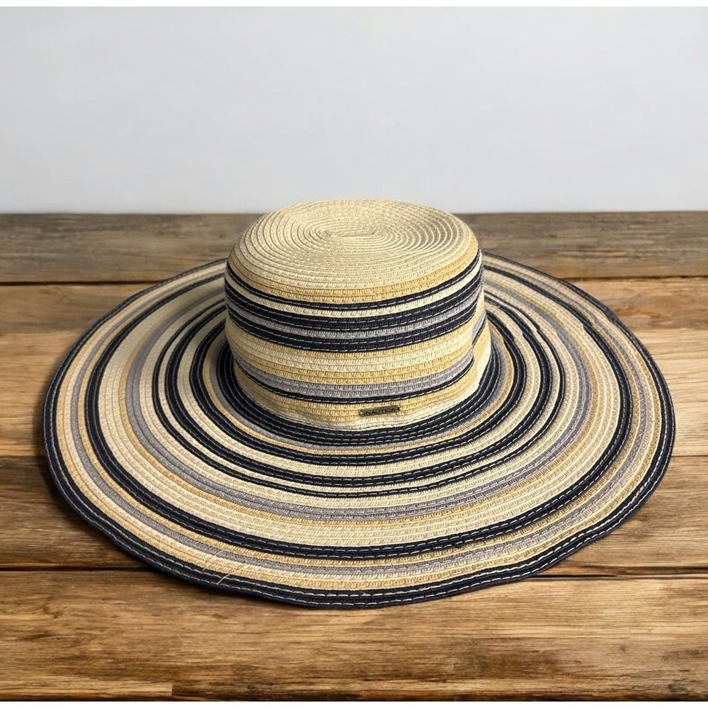 Nautica Women's Wide Brim Sun White Hat Blue  Tan‎ Stripes OS Beach Cruise